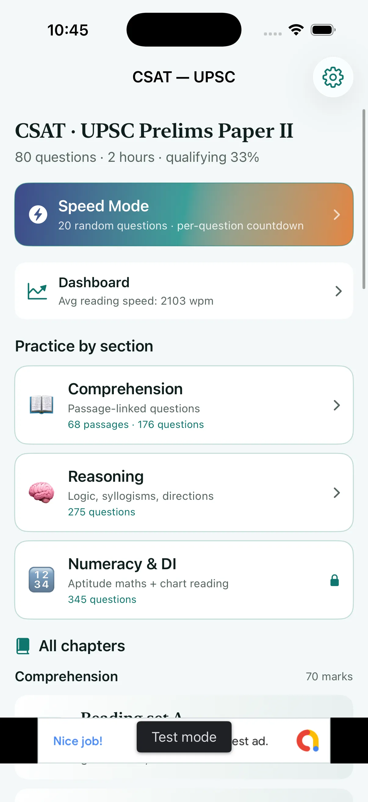 CSAT home with Speed Mode, dashboard and sections